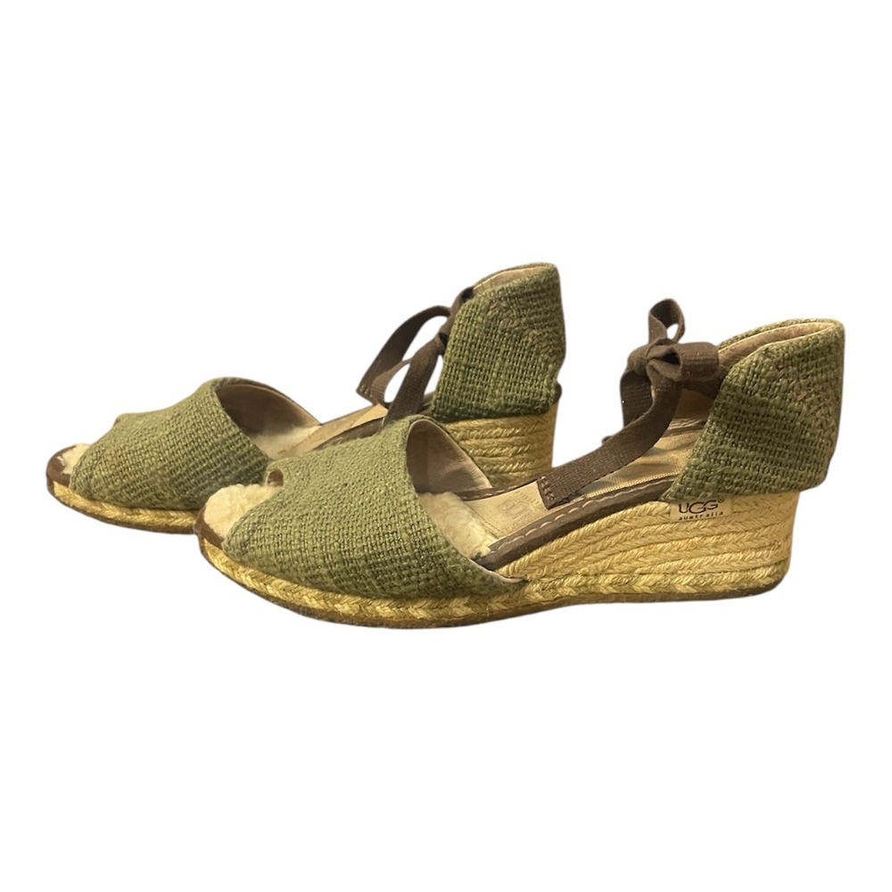 UGG Australia Lucianna Green Woven Espadrille Wedge Sandals‎ Ribbons Size 8